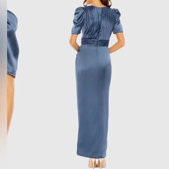 Mac Duggal Silky Pleated Maxi Dress Puff Sleeve Draped Slit Wedding Guest - Picture 6 of 12